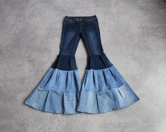 Bell Bottom Jeans 70s Denim Jeans Ruffle Tiered Mid Rise Bell Bottom Pants Hippie Blue Jean Vintage 1970 Style Bohemian Mamma Mia Pants S