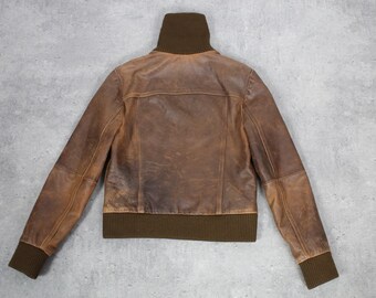 Vintage Y2K Leather Jacket Brown Distressed 2000s Jacket Cropped