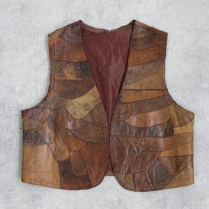 Läderväst Brun 70-tals Patchwork-linne Öppen fram Hippie Boho Ärmlös Bohemisk Vintage Vintage 1970-tal Medium / Large