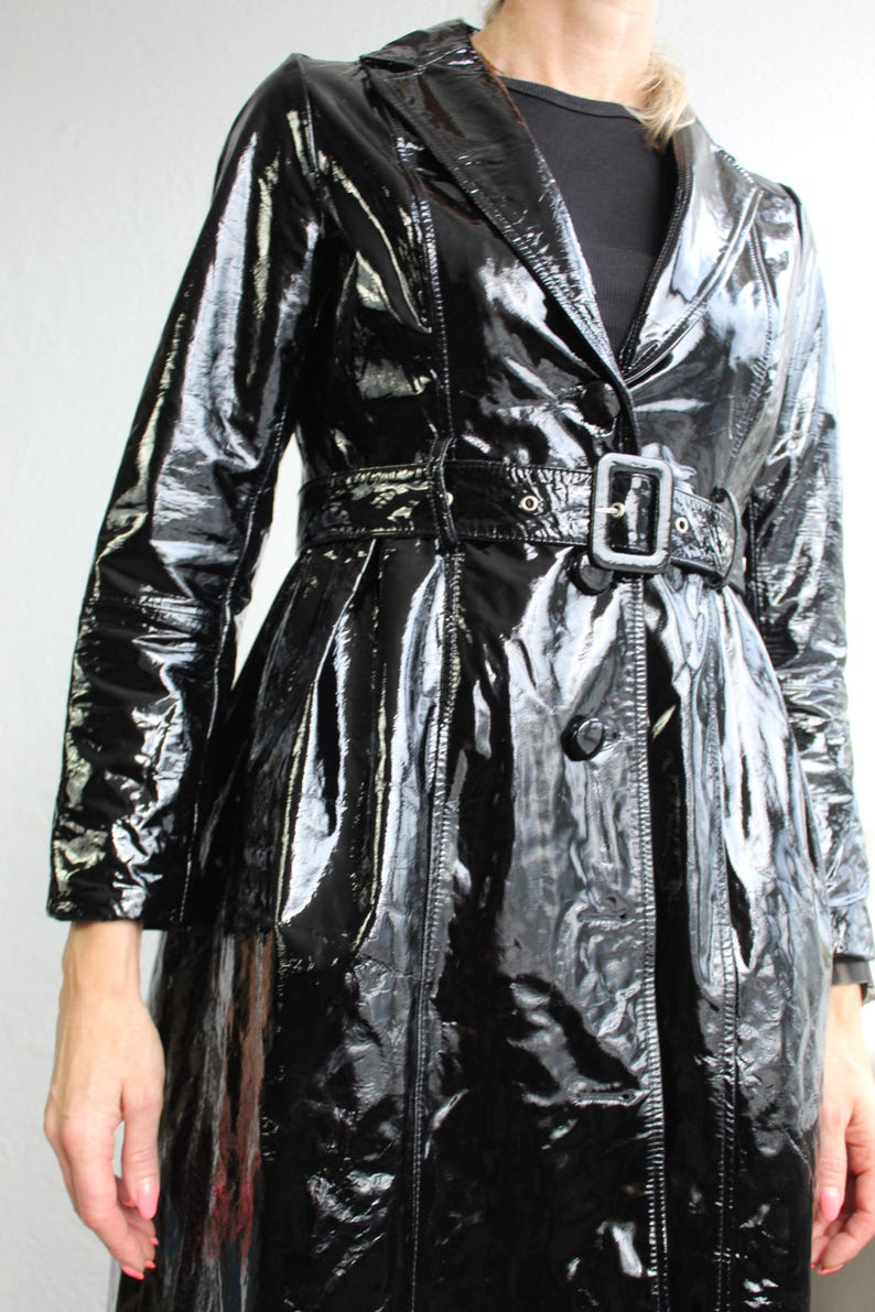 Y2k Black Patent Leather Coat Belted Leather Shiny Trench Coat Long ...