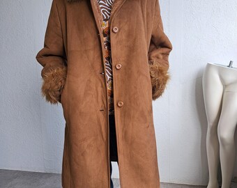 Vintage Y2K Hood Coat Brown Tan Shearling Faux Fur Collar 2000s