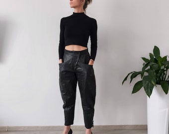 Black Leather Pants 80s High waist Tapered Leg Balloon Trousers Lace up Ankle Pants Punk Jodhpur Rocker Vintage 1980s Extra Small / S / M