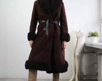 Vintage 70s Natural Shearling Long Brown Coat Sheepskin Trim Fur Collar Real Leather Suede 1970s Penny Lane Wool Afghan L/XL