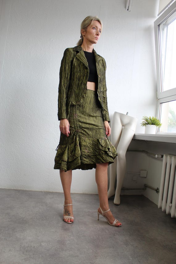 Y2k Two Piece Set Jacket and Skirt Ruffle Satin Whimsigoth Frilly 