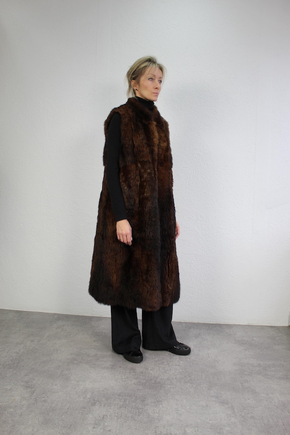 Lange Fellweste Braun Ärmellose Jacke, Winterweste Vintage Boho