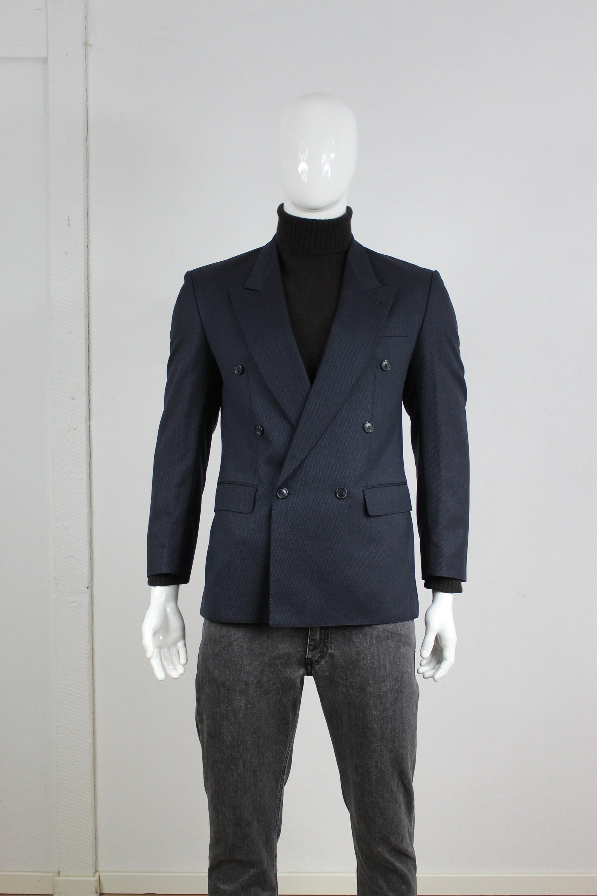 YVES SAINT LAURENT Blazer 90s Navy Blue Double-breasted Wool