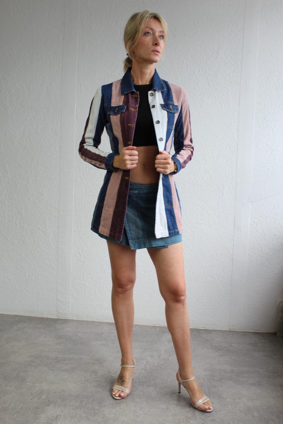 Denim Patchwork Blue Pink Jacket Striped Multicol… - image 1