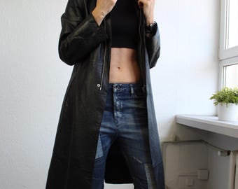 Vintage Y2k Diesel Leather Black Coat Long Zip up Trench Coat Mid