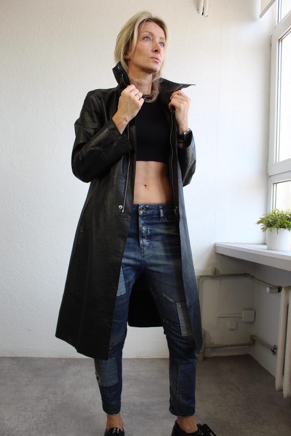 Vintage Y2k Diesel Leather Black Coat Long Zip up Trench Coat Mid