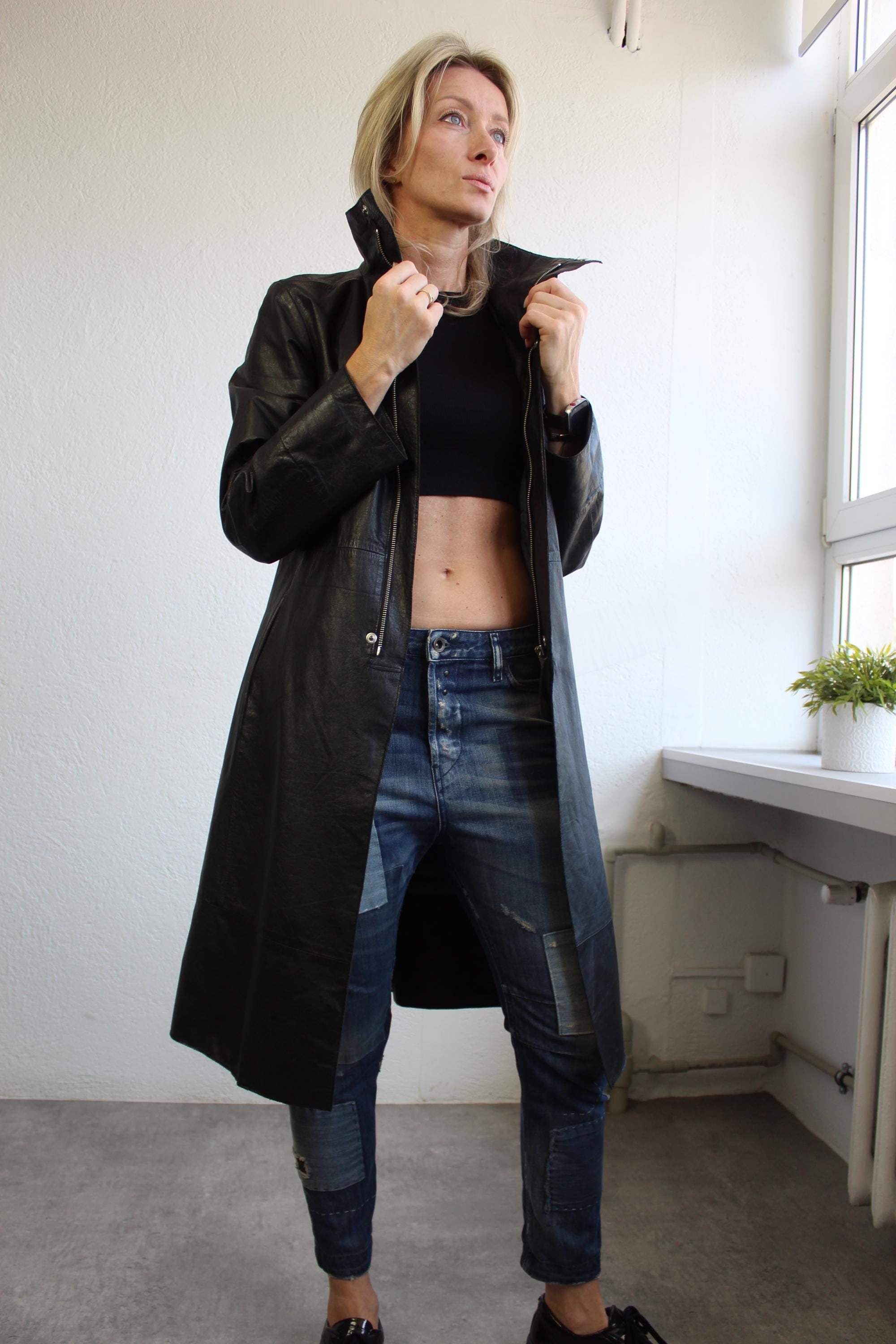Vintage Y2k Diesel Leather Black Coat Long Zip up Trench Coat Mid