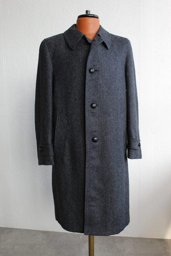 DEADSTOCK 70s Herringbone Wool Coat Navy Blue Gray Winter