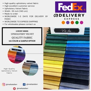 May include: A close-up of a fabric swatch book with 124 color and sample options. The book is labeled "Luxury Series Upholstery Velvet Quality Fabric". The fabric is available in a variety of colors, including green, blue, yellow, and red. The book is also labeled with the FedEx logo and the text "Worldwide 1-3 Days for Delivery by FedEx".