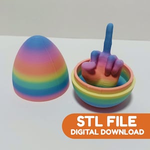 May include: A rainbow-colored 3D-printed egg-shaped container with a matching lid. Inside, a hand with the middle finger raised is visible. The text "STL FILE DIGITAL DOWNLOAD" is displayed on an orange banner.