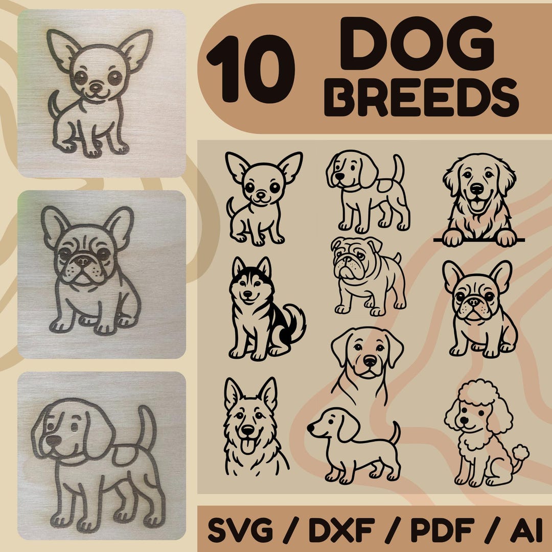 Dog Breeds Laser Engraving Bundle – 10 SVG DXF PDF Files for Glowforge ...