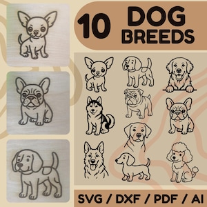 Dog Breeds Laser Engraving Bundle – 10 SVG DXF PDF Files for Glowforge, Cricut, Cnc | Dog Line Art, Pet Silhouettes, Laser Cut Art