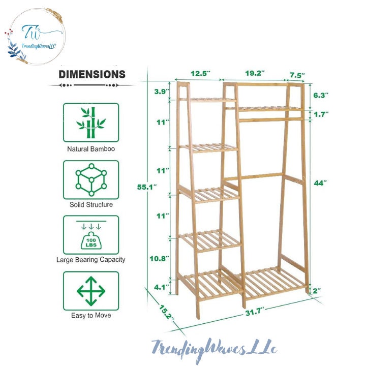 Bamboo Garment Rack 7-tier Storage Shelves Clothes Hanging Rack ...