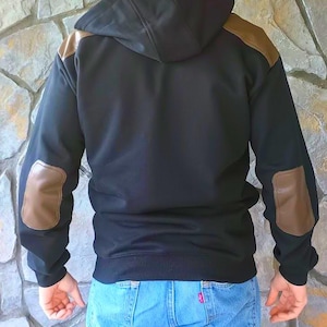 450 GSM Heavyweight Fitted Zip-Up Hoodie | Black Cotton Utility Hoodie with Faux Leather Patches