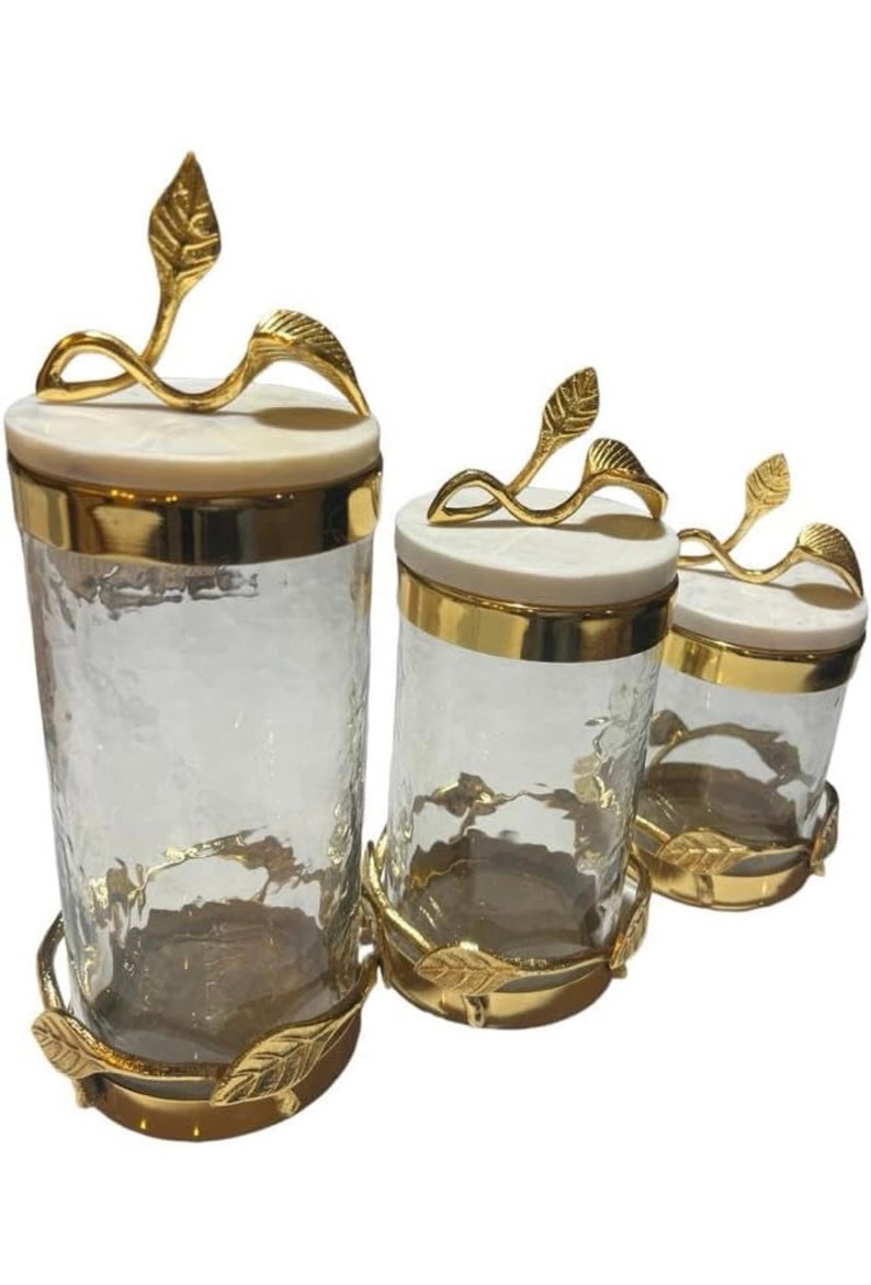 Hammered Glass Canister With Gold Metal Leaf Branch & Marble Lid