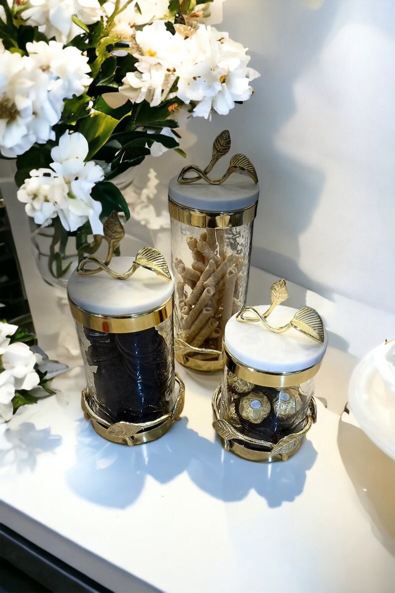 Hammered Glass Canister With Gold Metal Leaf Branch & Marble Lid