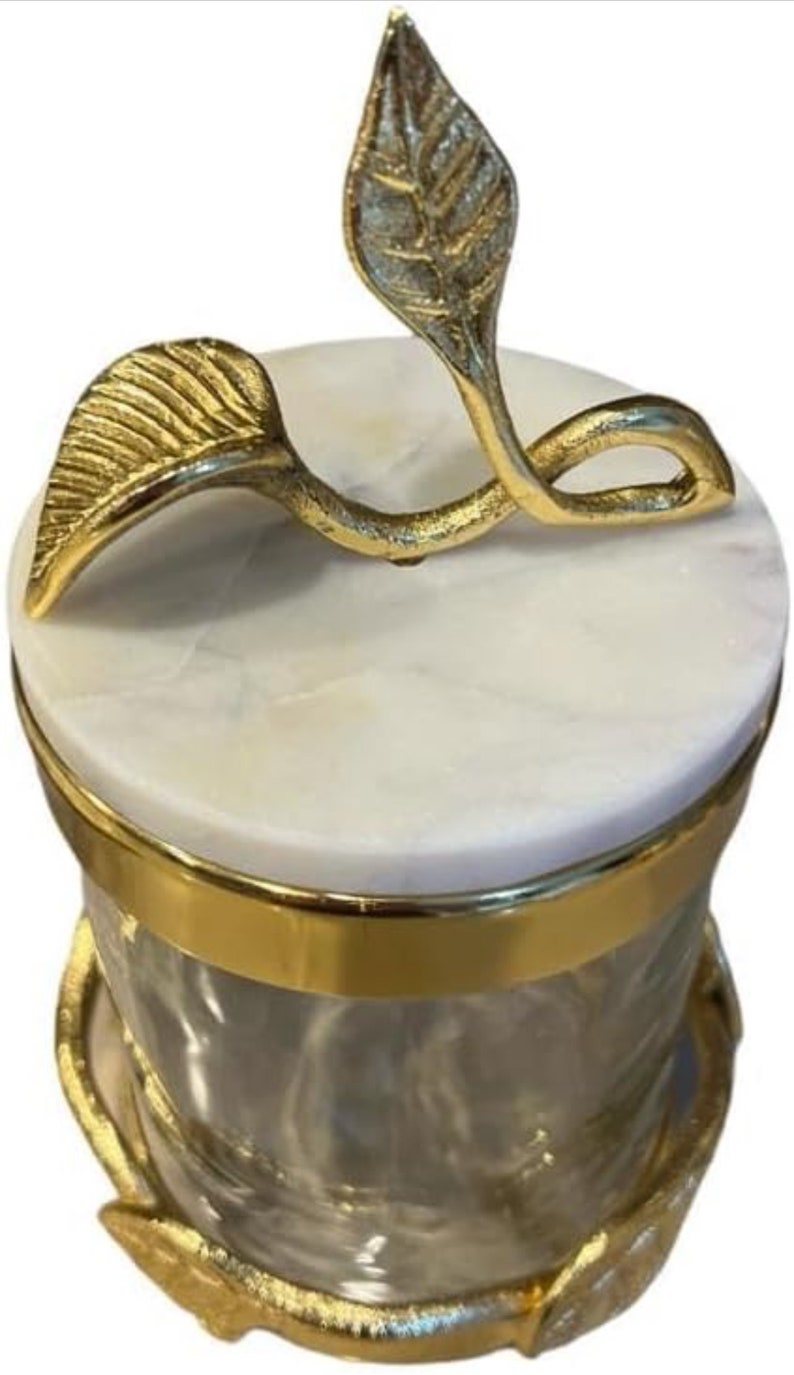 Hammered Glass Canister With Gold Metal Leaf Branch & Marble Lid