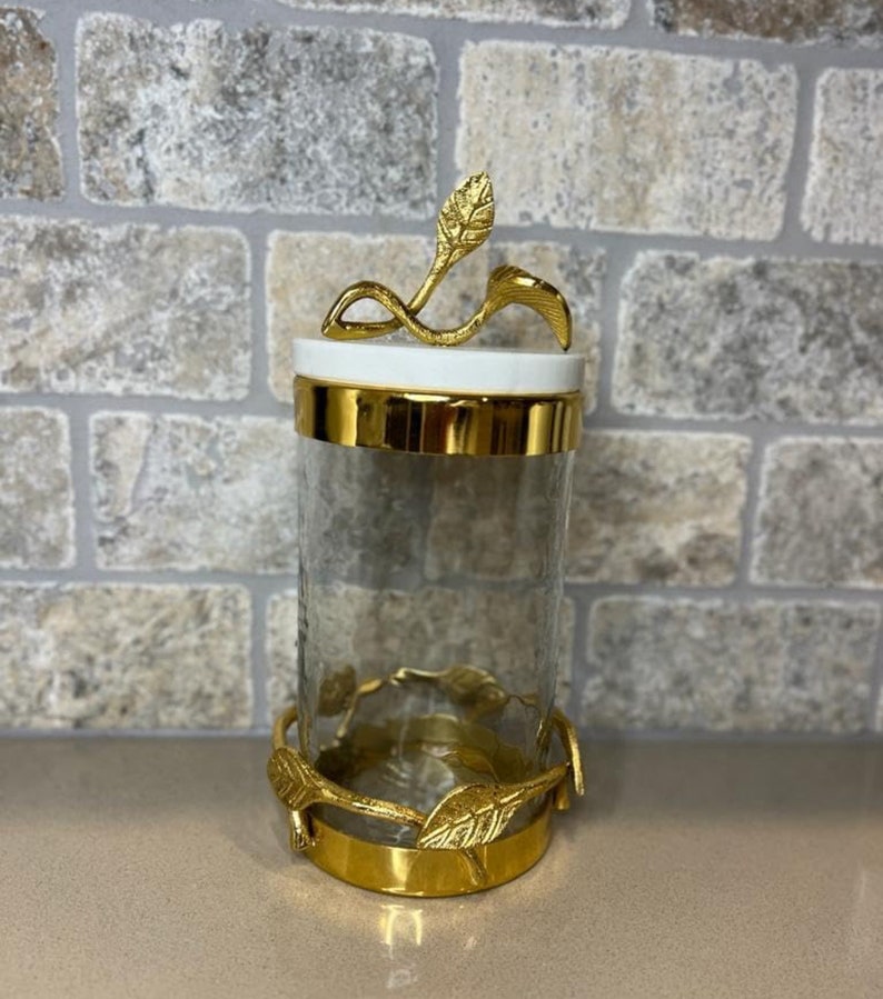 Hammered Glass Canister With Gold Metal Leaf Branch & Marble Lid