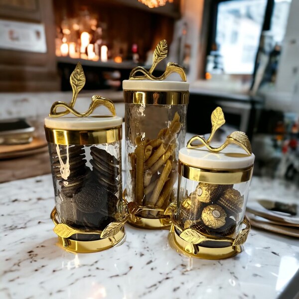 Hammered Glass Canister with Gold Metal Leaf Branch & Marble Lid Canisters - With Metal Rim (3 Sizes)