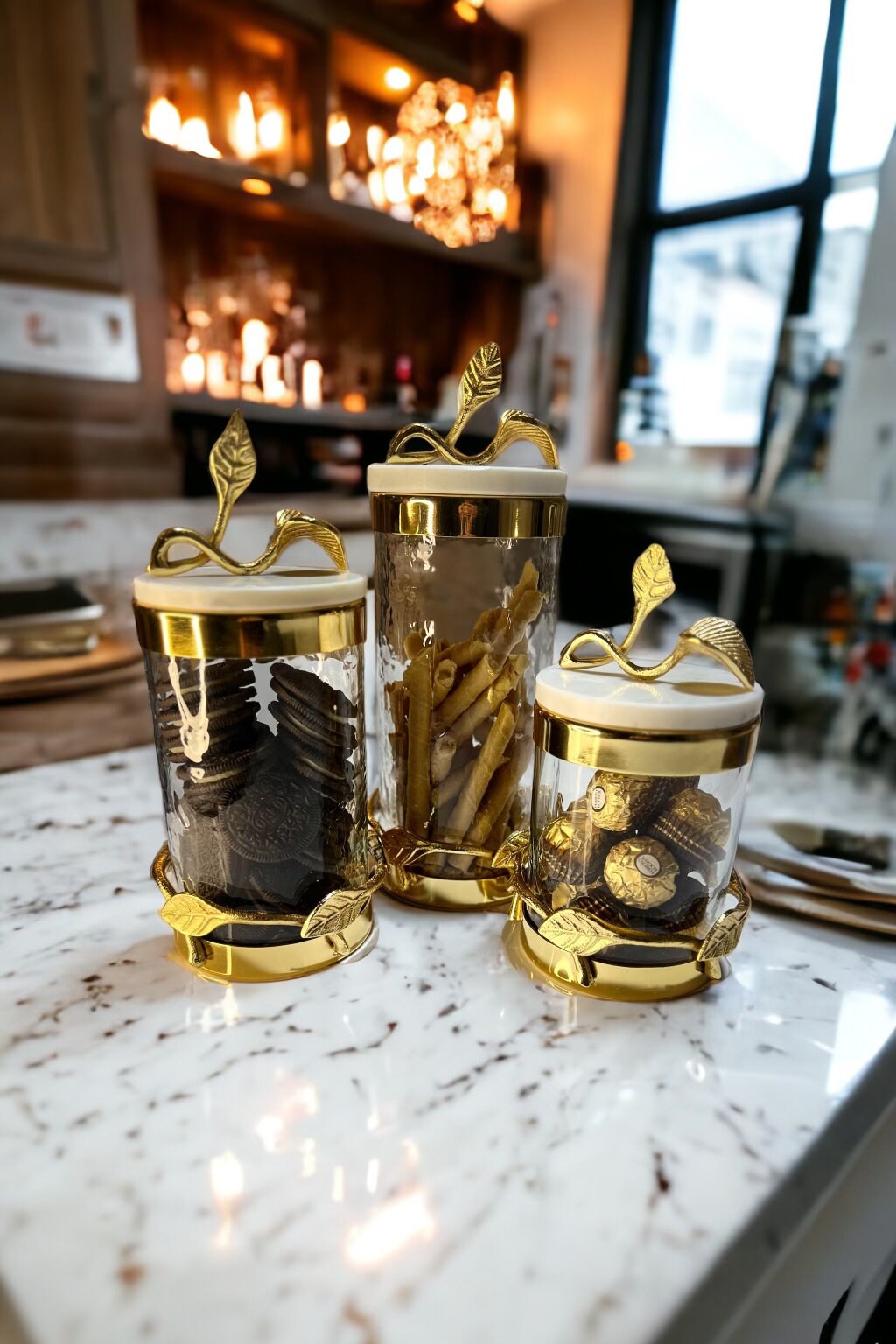 Hammered Glass Canister With Gold Metal Leaf Branch & Marble Lid