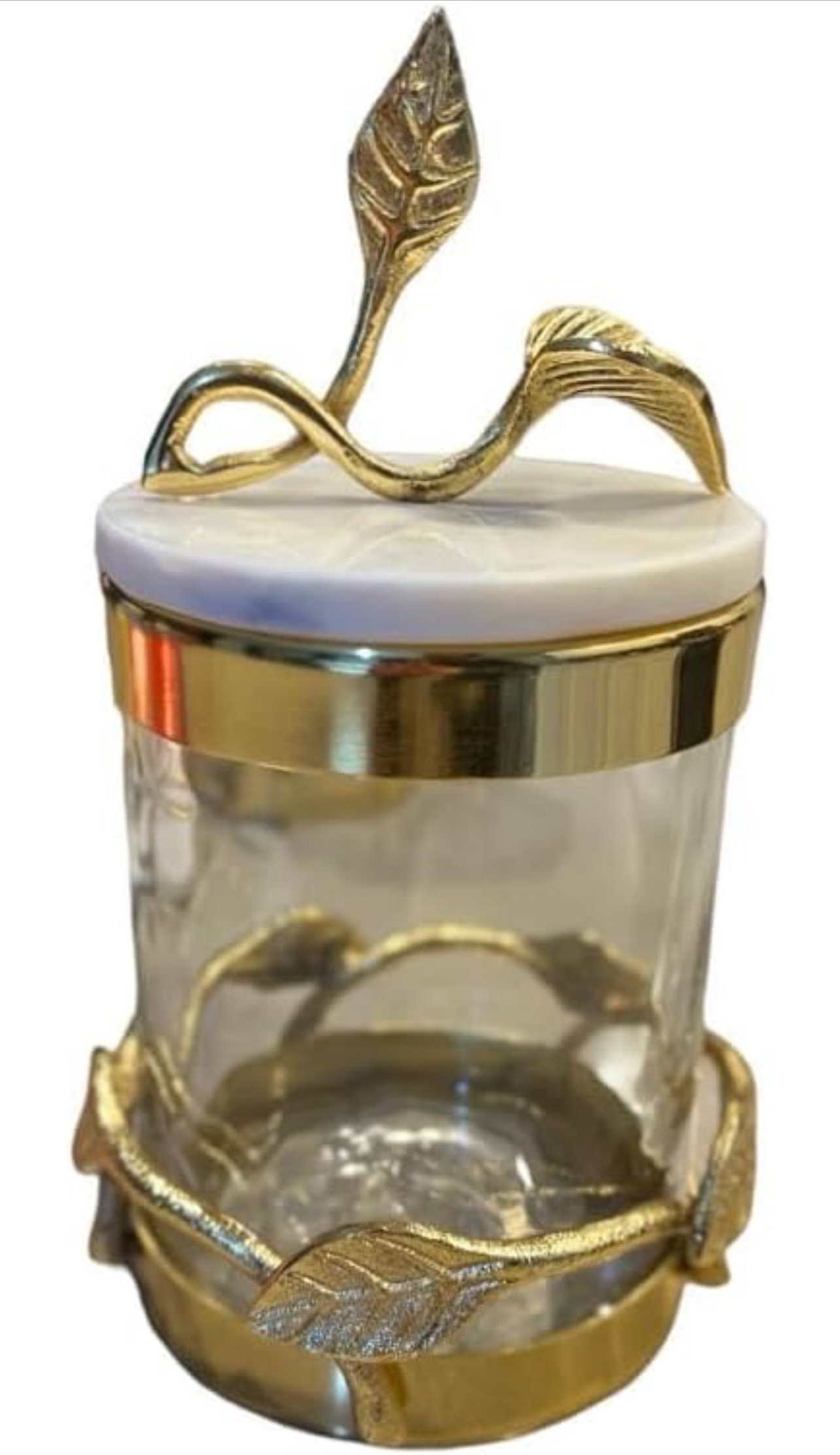Hammered Glass Canister With Gold Metal Leaf Branch & Marble Lid