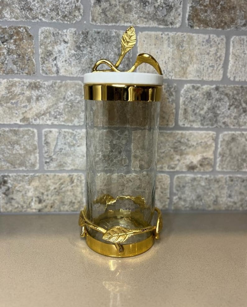 Hammered Glass Canister With Gold Metal Leaf Branch & Marble Lid