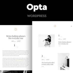 Może przedstawiać: Zrzut ekranu strony internetowej prezentującej minimalistyczny projekt z czarno-białą fotografią. Tekst "Opta WordPress" jest wyświetlany u góry strony. Strona zawiera dwie oferty produktów: "Retro okulary do codziennego użytku" i "Najlepszy ręcznie robiony drewniany stół biurkowy".