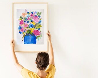 Original Watercolor: Large Colorful Flower Bouquet