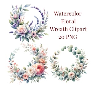 Könnte beinhalten: Aquarell-Blumenkranz-Clipart mit drei Designs. Die Kränze zeigen Rosen, Lavendel und Eukalyptus in Pastellfarben. Der Text lautet "Watercolor Floral Wreath Clipart 20 PNG".
