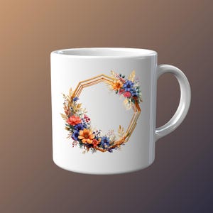 Prachtige bloemenkrans-clipart in achthoekig ontwerp voor sublimatie en directe download - levendige kleuren en gouden accenten