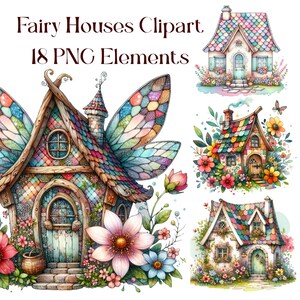 Könnte beinhalten: Aquarell-Clipart mit mehreren Feenhäusern mit bunten Dächern, Türen und Fenstern. Die Häuser sind von Blumen und Grün umgeben. Der Text "Fairy Houses Clipart" und "18 PNG Elements" steht oben.