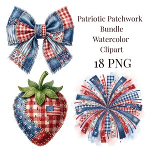 Könnte beinhalten: Aquarell-Clipart-Bundle mit patriotischen Patchwork-Designs. Enthält eine Schleife, eine Erdbeere mit amerikanischer Flagge und eine Explosion roter, weißer und blauer Elemente. Der Text lautet "Patriotic Patchwork Bundle Watercolor Clipart 18 PNG."