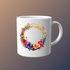 Elegant Floral Wreath with Gold Octagonal Frame, Vibrant Watercolor Blossoms, Instant Download Clipart for Sublimation Design