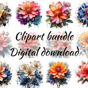 Könnte beinhalten: Ein digitales Clipart-Bundle mit Aquarell-Blumendesigns in verschiedenen Farben. Das Bild zeigt Blumen in Gelb-, Orange-, Rot-, Rosa-, Blau- und Lilatönen. Der Text "Clipart bundle Digital download" wird in der Mitte angezeigt.