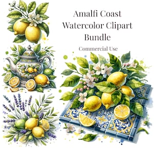 Könnte beinhalten: Eine digitale Sammlung mit dem Titel Amalfi Coast Watercolor Clipart Bundle Commercial Use, die Aquarellillustrationen von gelben Zitronen, grünen Blättern, weißen Blüten, einer dekorativen Teekanne, Lavendelzweigen und blau gemusterten Fliesen zeigt.
