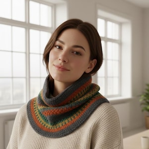 Peut inclure: Un col tricoté dans les tons de gris, orange, vert et jaune. Le col est porté autour du cou et présente un motif rayé. La personne porte un pull crème.