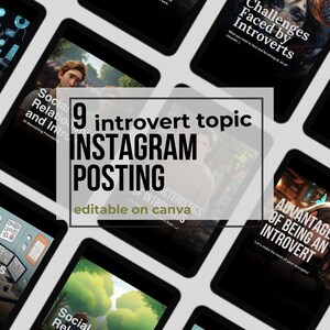 Puede incluir: Nueve ideas de publicaciones de Instagram para introvertidos, con temas como las relaciones sociales, los desafíos que enfrentan los introvertidos y las ventajas de ser introvertido. Las publicaciones se muestran en una cuadrícula de pantallas de tabletas con una superposición blanca que dice "9 introvert topic INSTAGRAM POSTING editable on Canva".