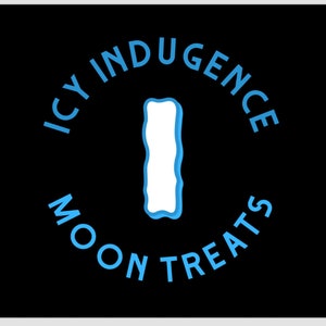 May include: A blue and white logo on a black background. The logo says "Icy Indulgence Moon Treats" in a circle around a white ice cream bar.