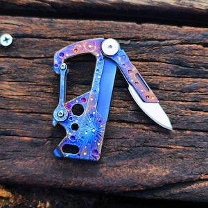 Titanium EDC Keychain Multi Tool, Folding Mini Knife with Bottle Opener and Wrench, Pocket Gear Keychain, Flame Anodized Everyday Carry