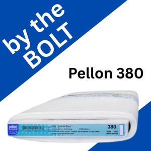 May include: A folded roll of white Pellon 380 Soft-N-Stay embroidery cut-away stabilizer made of 100% nylon. The product label features the text by the BOLT, Pellon 380, and includes care instructions for tumble drying on medium or dry cleaning.