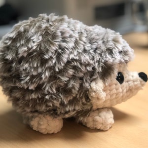 May include: A brown and white crocheted hedgehog plush toy with black eyes. The hedgehog is sitting on a wooden surface.