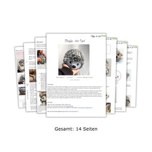 May include: A crochet pattern for a gray and white hedgehog amigurumi toy. The pattern is titled "Fluffy der Igel" and includes 14 pages of instructions. The pattern is designed by "lenni" - Lena Kaligurius.