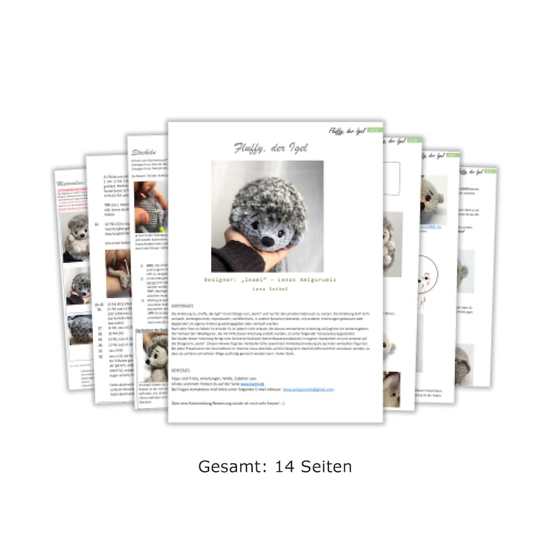 May include: A crochet pattern for a gray and white hedgehog amigurumi toy. The pattern is titled "Fluffy der Igel" and includes 14 pages of instructions. The pattern is designed by "lenni" - Lena Kaligurius.