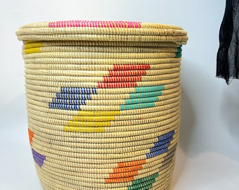 African laundry basket with lid, extra large woven hamper, flat lid basket, laundry storage, large wicker hamper 20 inches