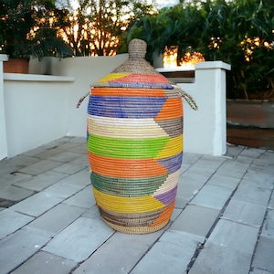 Large laundry basket, African basket with lid, storage wicker basket, decorative laundry basket, Senegal woven basket, (H34&quot;- D=16&quot;)