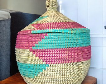 Handwoven African Basket with Lid, Colorful Senegal Storage