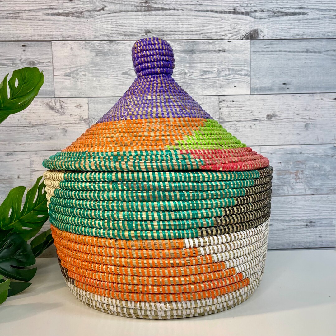 Handcrafted African Storage Basket With Lid - Colorful Wicker Grass ...